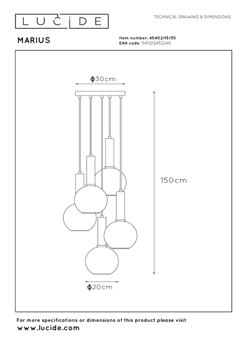 Lucide MARIUS - Pendelleuchten - Ø 55 cm - 5xE27 - Schwarz - technisch